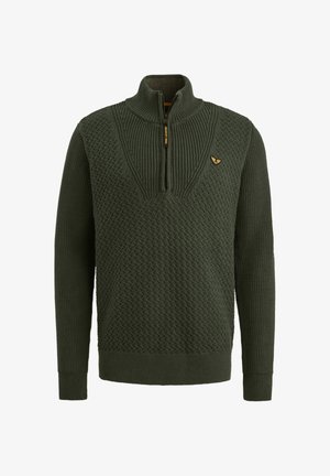 Grøn strikket sweater med høj krave og halv lynlås. Har teksturerede mønstre samt ribkantede ærmer og kant. Guld logo accent.