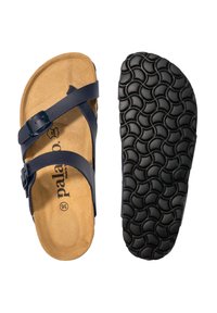 Navy blue sandals with two adjustable straps, cork footbed, and textured black rubber outsole featuring a circular pattern.