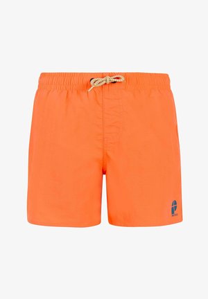 Shorts de bain orange vif avec taille élastique, cordon de serrage beige et petit logo bleu sur la partie inférieure gauche de la jambe.