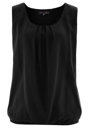 Black sleeveless top in silky fabric featuring a round neck, pleated front detail, and elasticated hem for a relaxed fit.