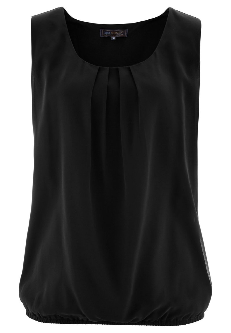 Svart ärmlös topp i silkesliknande tyg med rund hals, plisserad frontdetalj och elastisk nederkant för en avslappnad passform.
