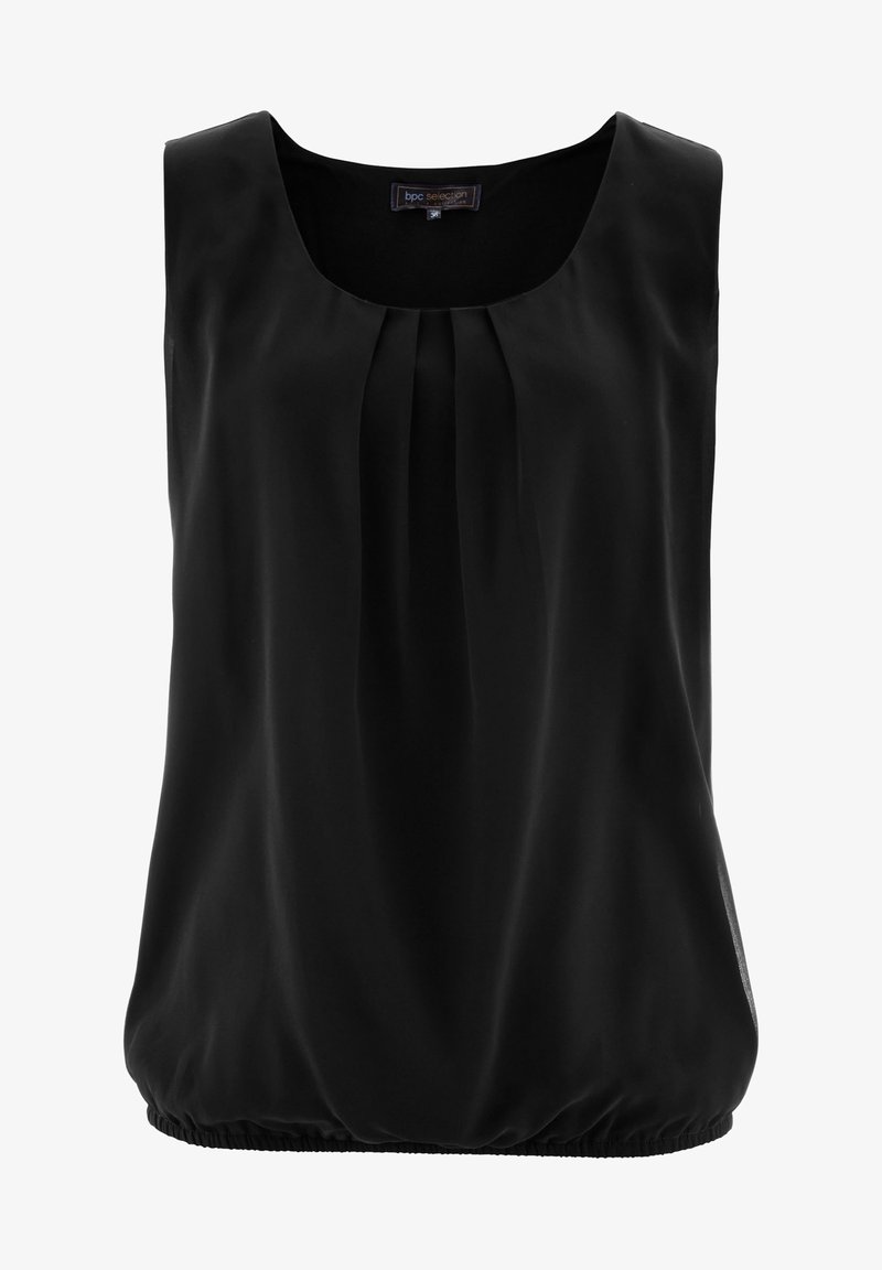 Black sleeveless top in silky fabric featuring a round neck, pleated front detail, and elasticated hem for a relaxed fit.