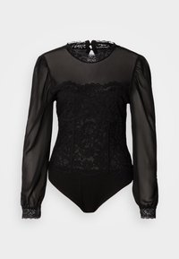 Zwart bodysuit met doorzichtige lange mouwen. Bevat een kanten overlay aan de bovenkant van de voorkant en een hoge halslijn met een keyhole sluiting aan de achterkant.