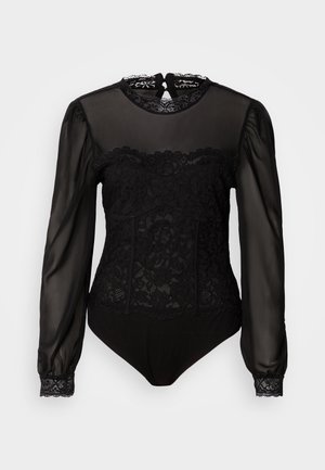 Body negro con mangas largas transparentes. Presenta un estampado de encaje en la parte superior frontal y un cuello alto con cierre en la parte trasera en forma de ojal.