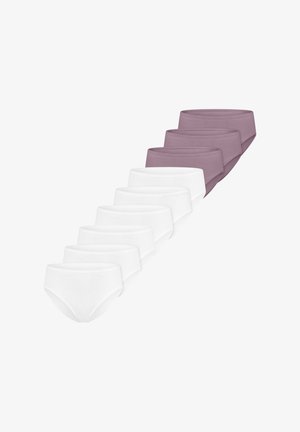 Sept slips pour femmes disposés en ligne diagonale, quatre blancs devant et trois mauves derrière.