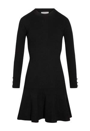 Musta, pitkähihainen, ribbineulottu mekko pyöreällä kaula-aukolla ja liehuvalla helmalla, jossa nappikoristeet hihojen resoreissa.