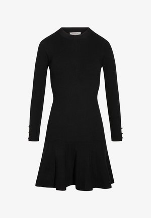 Vestito nero in maglia a costine con maniche lunghe, scollo tondo e orlo svasato, con dettagli di bottoni sui polsini.