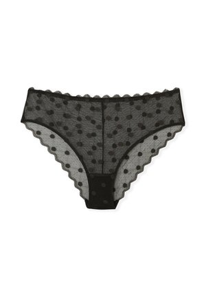 Black lace panties, featuring a polka dot pattern, scalloped edges, and a sheer texture. Light and delicate design, with a solid black waistband.