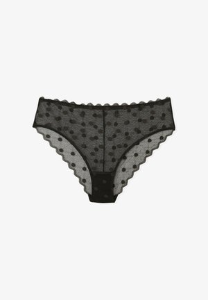 Black lace panties, featuring a polka dot pattern, scalloped edges, and a sheer texture. Light and delicate design, with a solid black waistband.