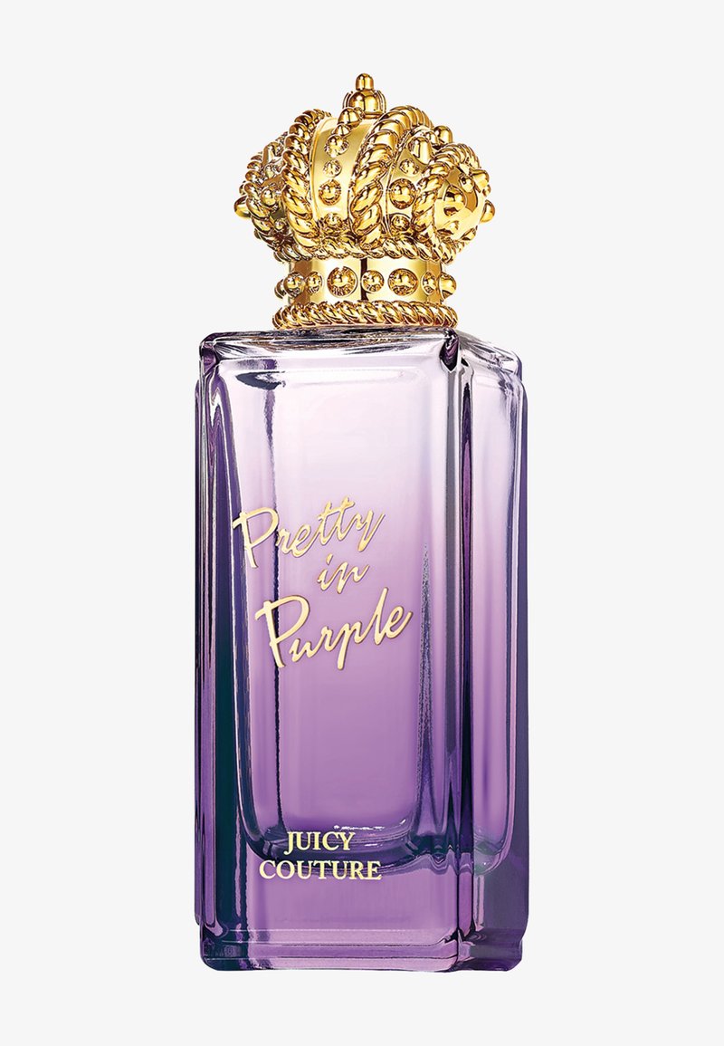 Hoge rechthoekige paarse parfumfles met gouden kroonvormige dop en gouden tekst "Pretty in Purple Juicy Couture."
