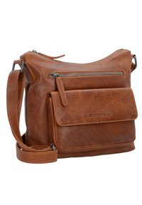 Borsa a tracolla in pelle marrone con scomparto principale con zip, tasca frontale con patta e tracolla regolabile; presenta una texture liscia e un branding sottile.