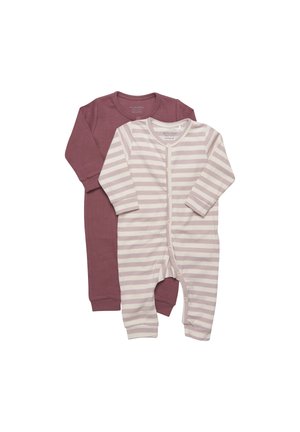 Deux grenouillères pour bébé : l'une de couleur rose poussiéreux uni et l'autre crème avec des rayures rose clair. Les deux sont à manches longues et se ferment avec des boutons. Matière en coton doux.