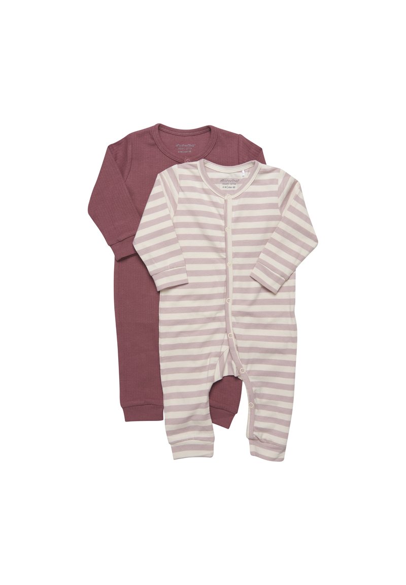 Zwei Baby-Overalls: einer in einfarbigem staubigen Rosé und der andere in Creme mit hellrosa Streifen. Beide haben lange Ärmel und Druckknopfverschlüsse. Aus weichem Baumwollmaterial.