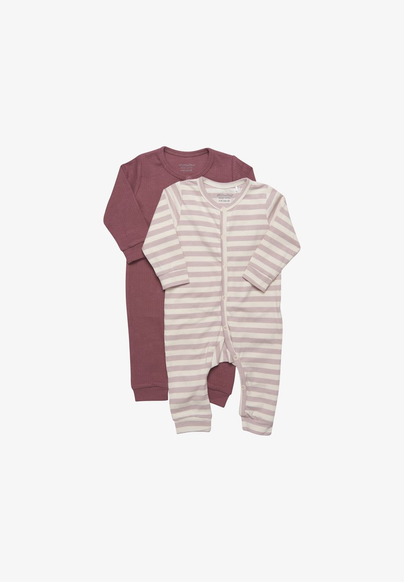 Twee babypakjes: één effen dusty rose en één crème met lichtroze strepen. Beide hebben lange mouwen en knoopsluitingen. Gemaakt van zacht katoen.