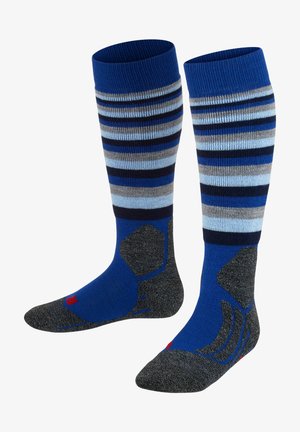 Kniehohe Socken mit einem blauen, grauen und schwarzen Streifenmuster, mit verstärkten grauen Elementen an Zehen und Ferse, aus einem gestrickten Material gefertigt.