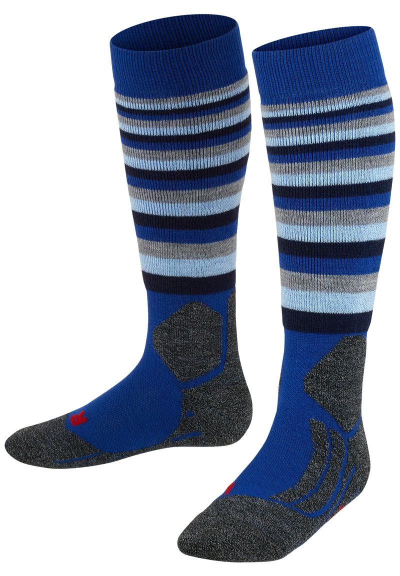 Calcetines hasta la rodilla con un patrón de rayas en azul, gris y negro, con paneles reforzados en gris en los dedos y el talón, elaborados con un material de punto.