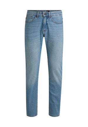 Light blue denim jeans featuring a straight cut, five-pocket design, belt loops, and subtle fading throughout the fabric.