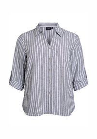 Camicia button-up realizzata in tessuto leggero con strisce verticali grigie e bianche, maniche corte arrotolate e una tasca sul petto.