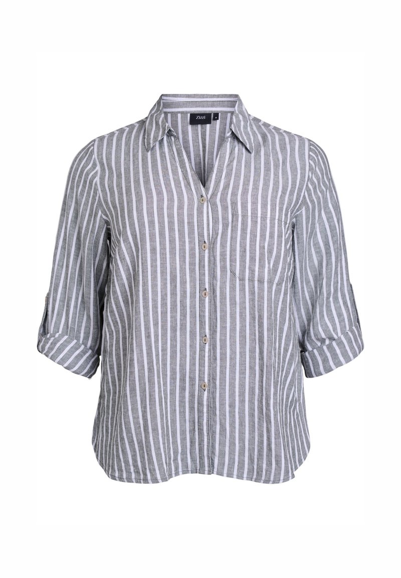 Camicia button-up realizzata in tessuto leggero con strisce verticali grigie e bianche, maniche corte arrotolate e una tasca sul petto.