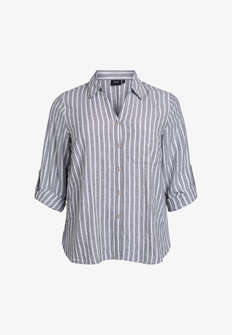 Button-up shirt made of light fabric with gray and white vertical stripes, short rolled sleeves, and a chest pocket.