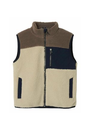 Gilet sans manches en polaire avec poitrine supérieure marron, corps beige, poche poitrine zippée bleu marine et poches latérales, doté d'une fermeture éclair intégrale à l'avant.