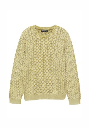 Cable-knit trui in lichtgeel, met een ronde halslijn, lange mouwen en ribgebreide boorden en zoom. Textuurpatroon door het geheel.