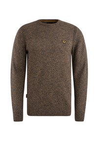 Pull en tricot marron avec un col rond, un tissu texturé et un petit logo brodé sur la poitrine. Poignets et ourlet côtelés.