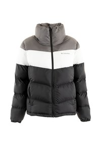Giubbotto imbottito in grigio, bianco e nero. Presenta un collo alto, chiusura con cerniera integrale, texture trapuntata e logo Columbia sul petto.