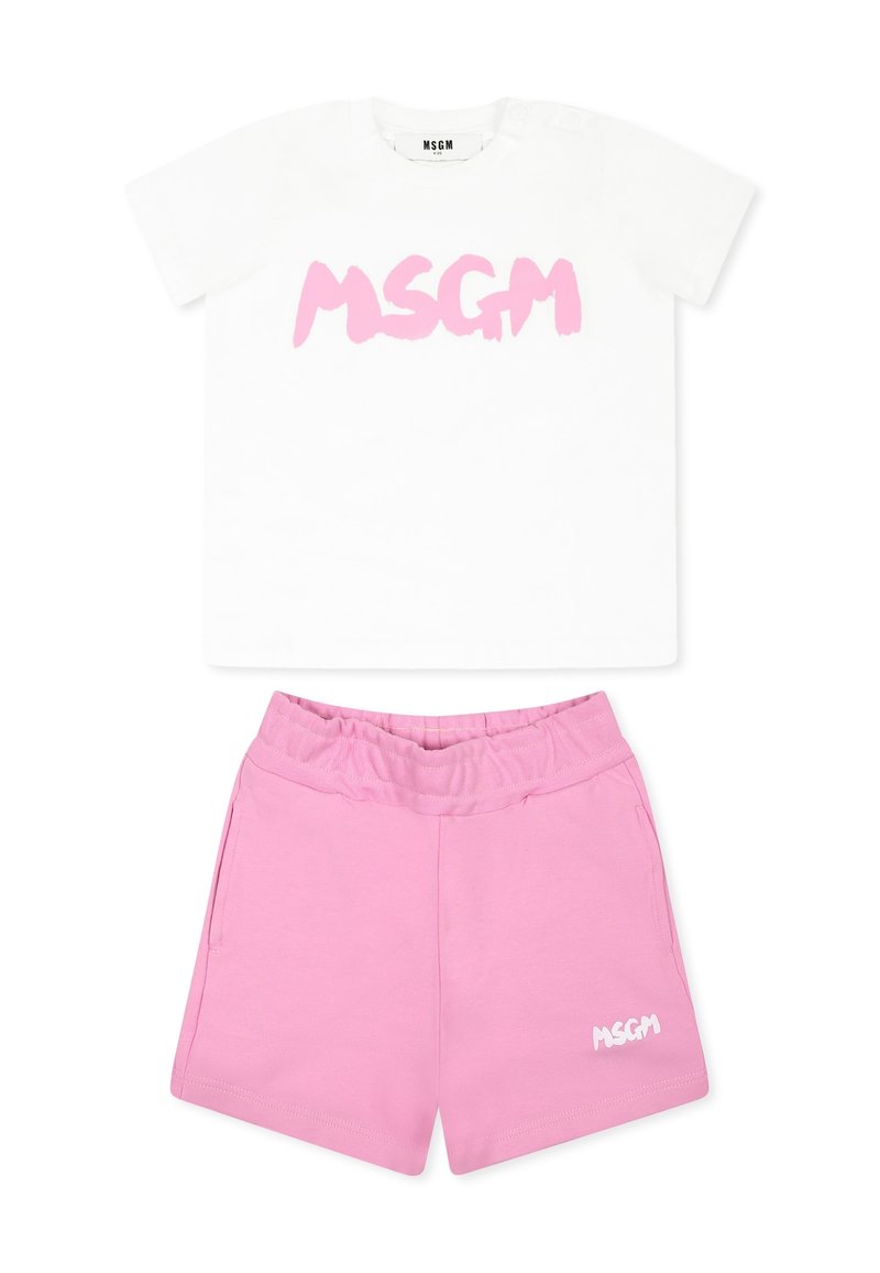 Witte katoenen T-shirt met roze "MSGM" opdruk. Gecombineerd met roze katoenen shorts met een elastische tailleband en zijkanten zakken.