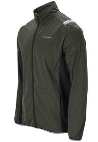 Giacca a tracolla verde oliva con pannelli laterali neri, colletto alto, chiusura con zip e strisce bianche decorative sulle spalle. Leggera, con una texture liscia.