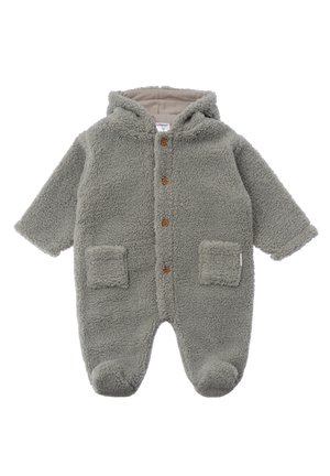 Grey fuzzy overall with a hood, featuring a button front, two front pockets, and rounded footzips for easy wear. Soft texture throughout.