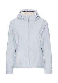 Lichtblauwe waterdichte jas met een rits aan de voorkant, verstelbare capuchon, twee zijzakken en elastische manchetten. Gladde textuur, casual pasvorm.