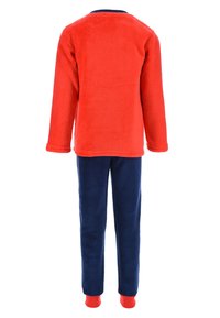 Fleece pajama set featuring a red long-sleeve top with a blue collar and matching navy blue pants with red accents at the ankles.