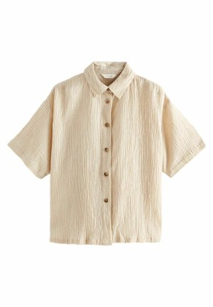 Korte mouwen, beige overhemd gemaakt van textuurstof, met een knoopsluiting aan de voorkant en een klassieke kraag, met vier bruine knopen.
