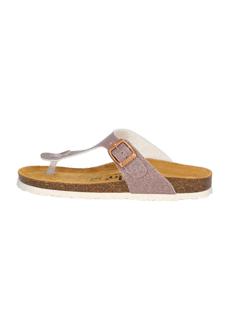 Light pink flip-flop sandal with a textured strap, bronze buckle accent, and brown cork footbed. White rubber outsole with slight tread.