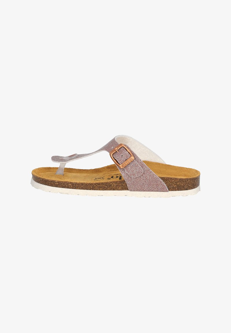 Light pink flip-flop sandal with a textured strap, bronze buckle accent, and brown cork footbed. White rubber outsole with slight tread.