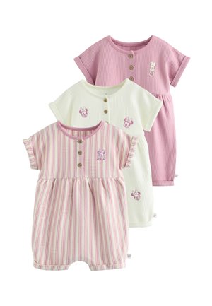 Trzy krótkie body niemowlęce prążkowane, w kolorze różowym, białym oraz różowo-pasiastym, każde z trzema guzikami z przodu i nadrukami Minnie Mouse.