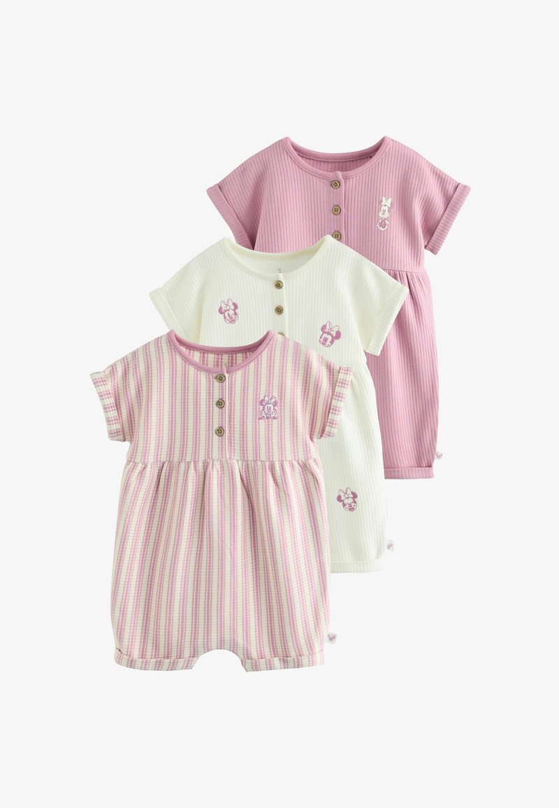 Tre kortärmade ribbstickade babyoveraller i rosa, vitt och rosa randigt, alla med tre knappar framtill och tryck med Minnie Mouse.