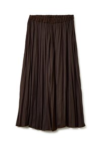 Donkerbruine plissé midi-rok met elastische tailleband, vloeiende stof en verticale plooien, gepresenteerd op een witte achtergrond.