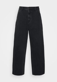 Schwarze Jeans aus Denim mit einer geraden, lockeren Passform. Sie verfügen über eine hohe Taille, einen Knopfverschluss und subtile Ausbleichungen. Keine sichtbaren Muster oder Verzierungen.