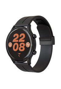 Ronde zwarte smartwatch met een zwarte siliconen band. Digitaal display toont de tijd "22:08" in vet oranje, omringd door fitnesspictogrammen.