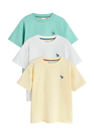 Drei T-Shirts mit Rundhalsausschnitt in Pastellgelb, Weiß und Mintgrün, mit kleinem Zebra-Logo-Stickerei auf der linken Brust.