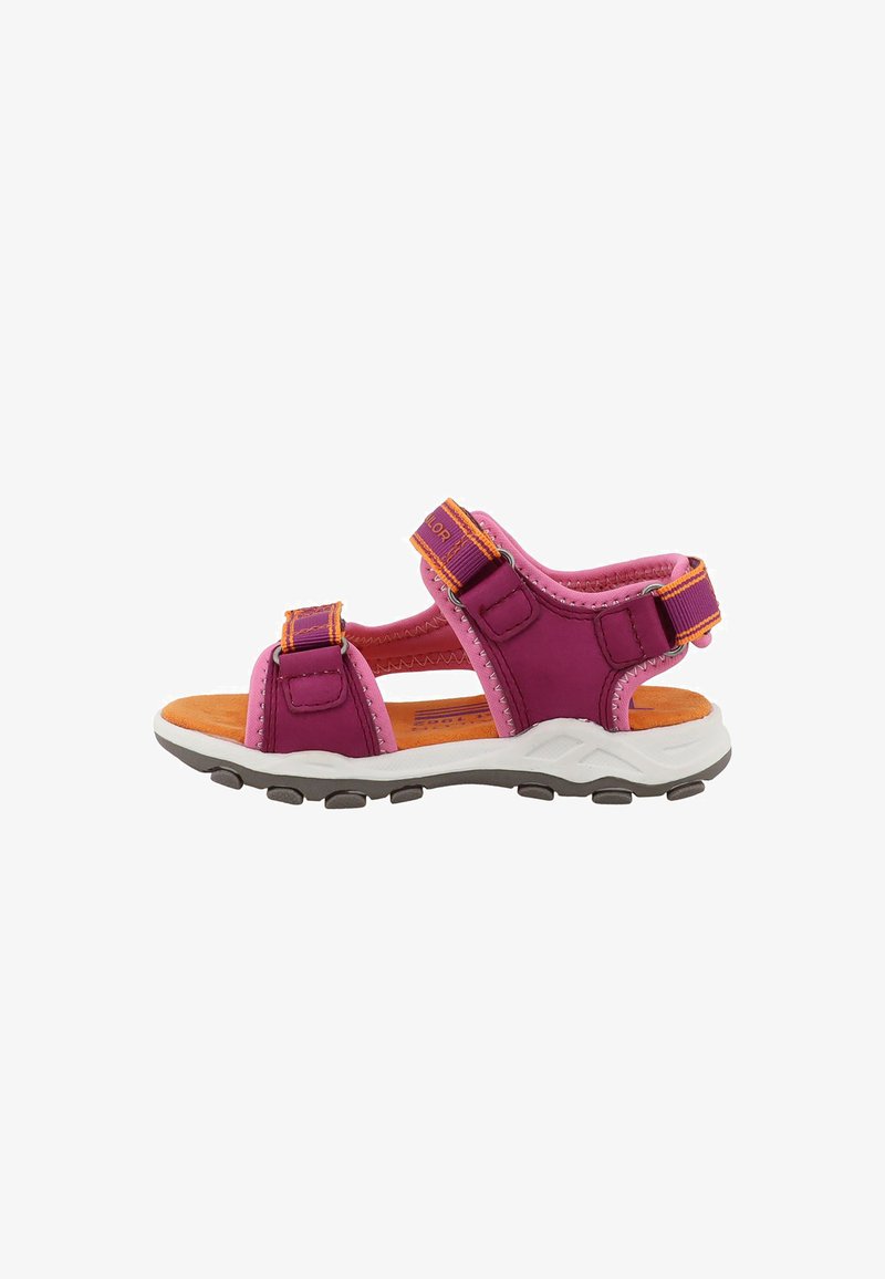 Sandale de randonnée pour enfant, de couleur violette et orange, avec des sangles Velcro ajustables et une semelle texturée blanche et grise.