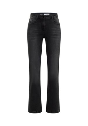 Jeans de mezclilla negros con un corte recto, que cuentan con un cierre de botón y cremallera, cinco bolsillos y un desvanecimiento mínimo para un aspecto clásico.