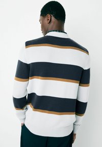 White, navy, and brown striped sweater with a ribbed neck and cuffs. Knitted texture, standard fit, mid-length sleeves, back view shown.