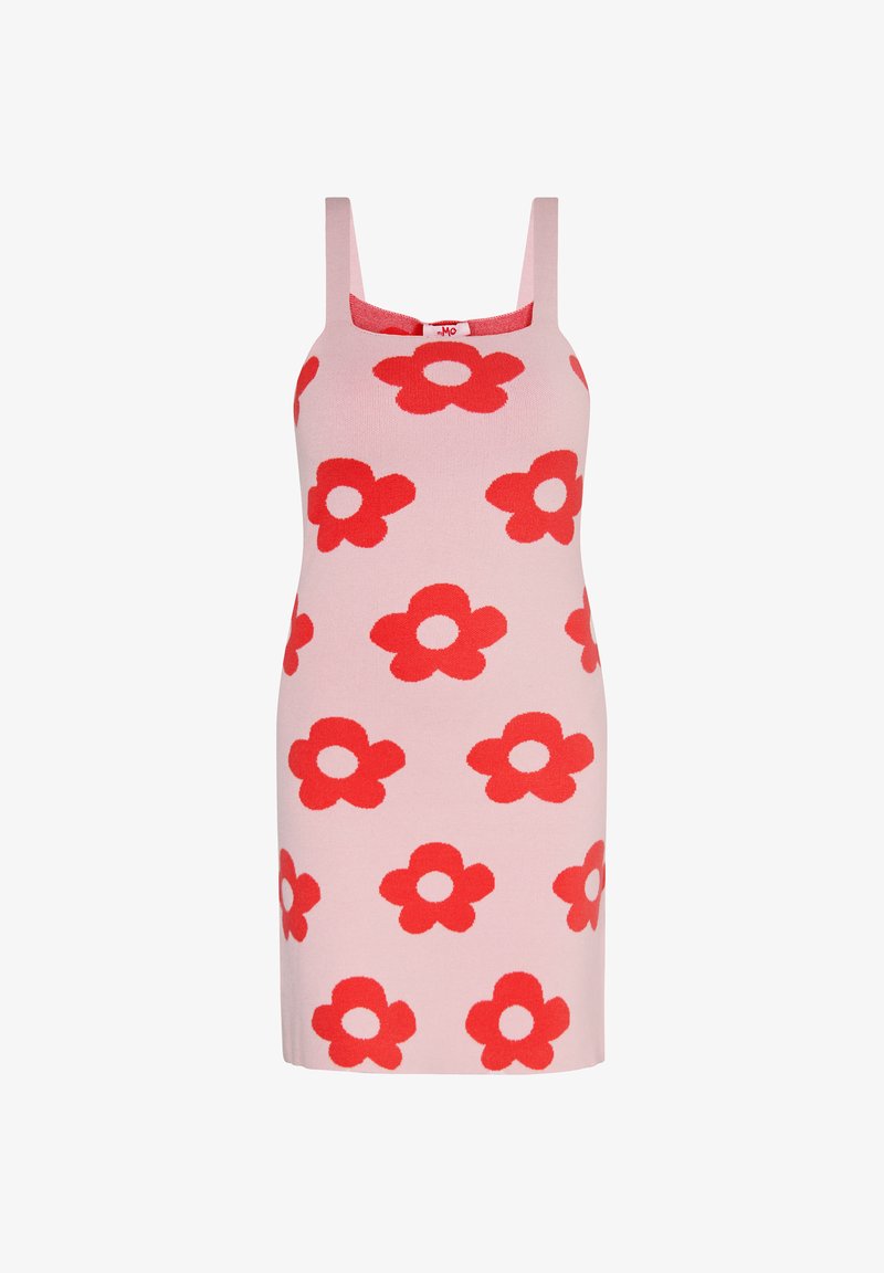 Vestito rosa senza maniche con spalline larghe, caratterizzato da un motivo ripetuto di grandi fiori rossi con centri circolari.