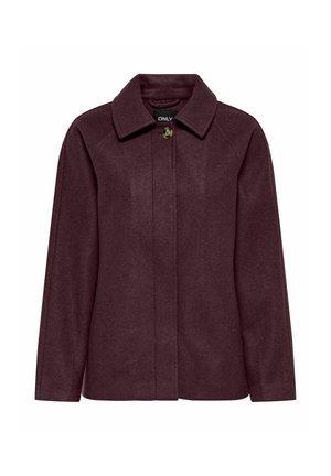Veste en laine violet foncé avec manches longues, un col et un seul bouton visible en haut de la fermeture devant.