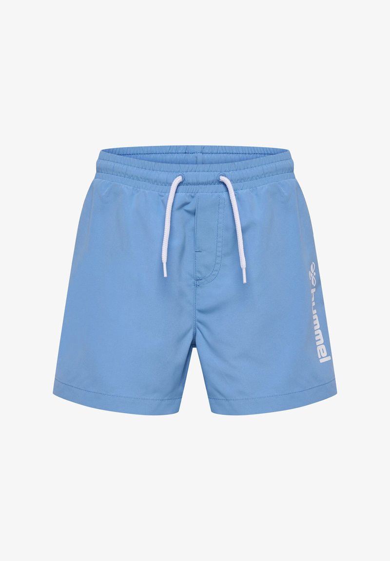 Ljusblå badshorts med elastisk midja, vit snörning och Hummel-logga tryckt i vitt på nedre högra sidan.