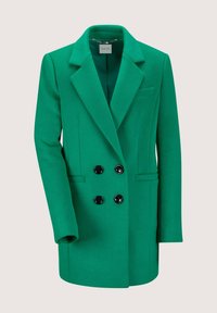 Groene dubbelzijdige jas van een gestructureerd materiaal, met zwarte knopen, ingesneden revers en voorzakken.