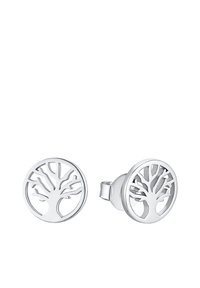 Orecchini a cerchio in argento a forma di albero della vita, con design a intaglio e finitura lucida. Ogni orecchino presenta una silhouette prominente di albero.